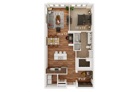 Floor plan for 1 bed, 1 bath, 1070 sqft